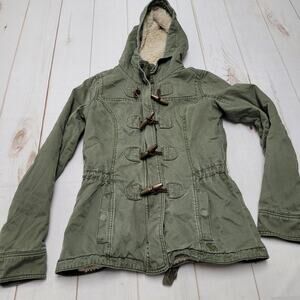 Vintage Abercrombie & Fitch green anorak fur winter coat jacket leather toggle